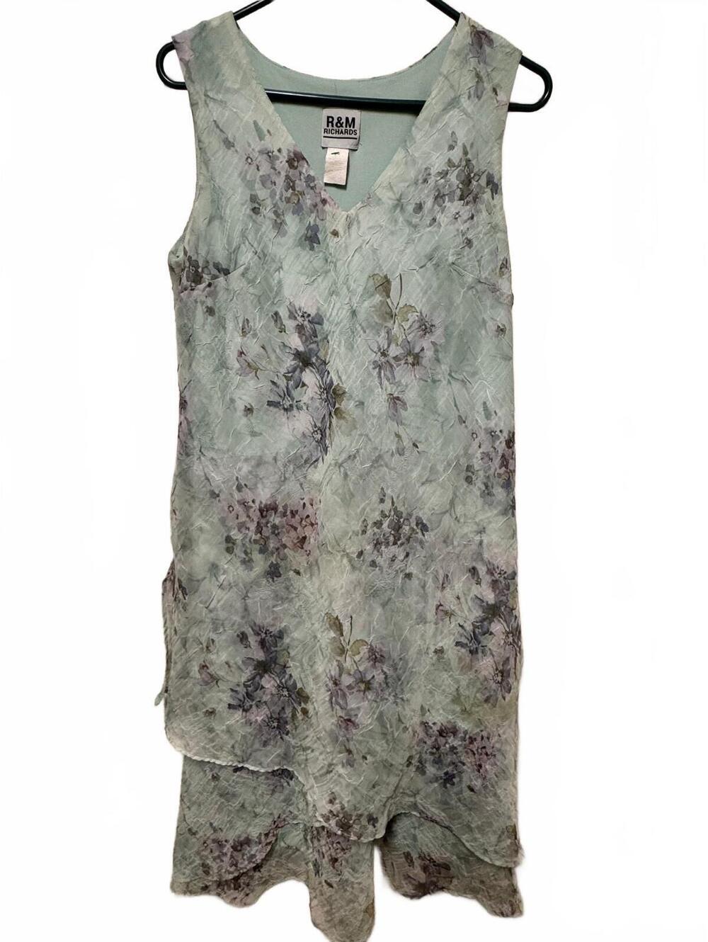 Vintage R&M Richards Sage Green Floral Chiffon Tiered Asymmetrical Midi Dress